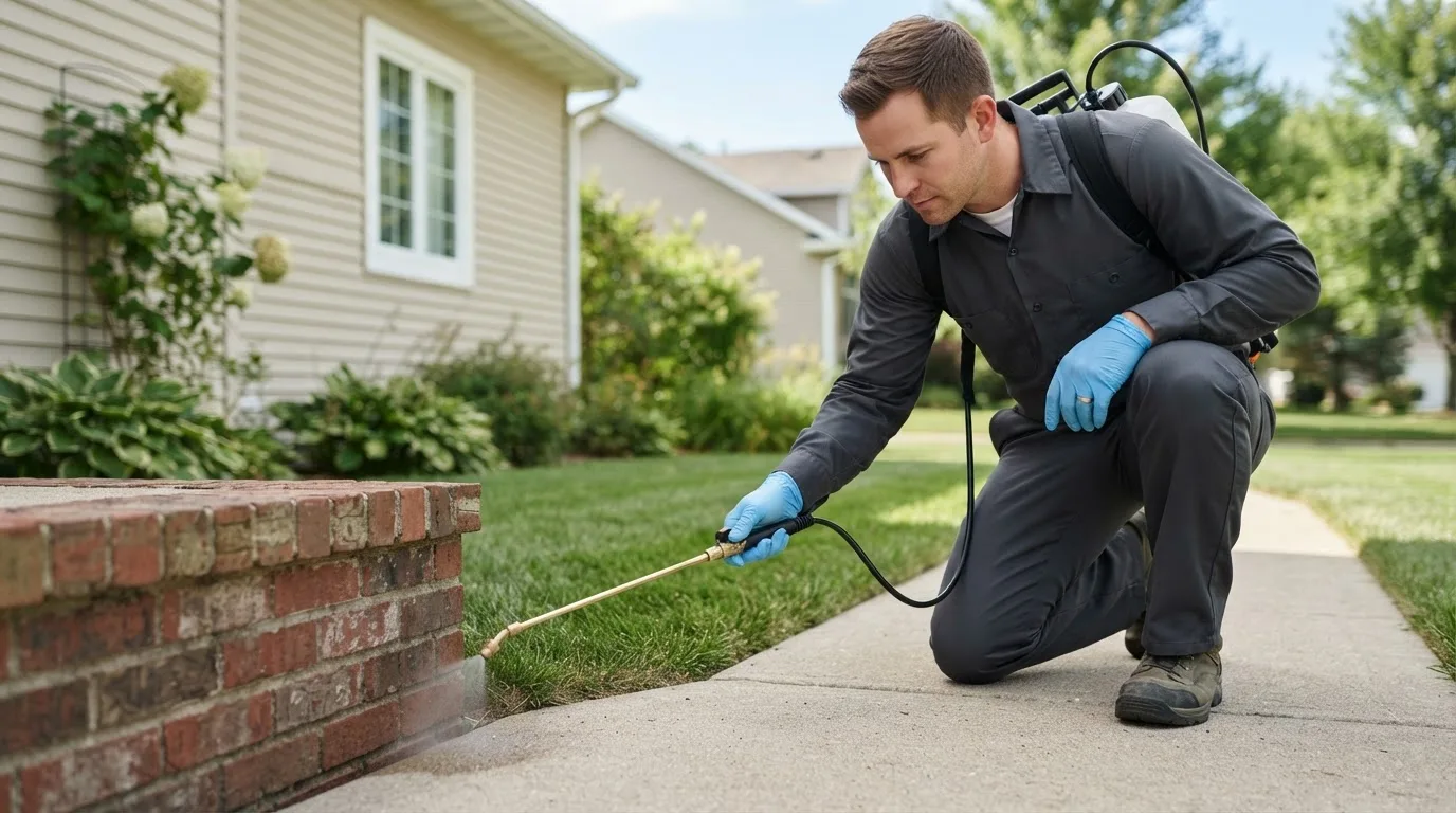 Pest control technician treating a home near Stickney, SD